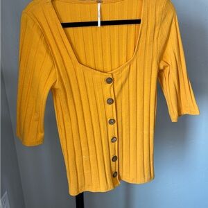 Free People Yellow Ribbed Button-Down Blouse